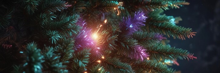 Iridescent rainbow-colored tinsel wrapping around a small spruce tree, chromatic decoration, multicolored garland