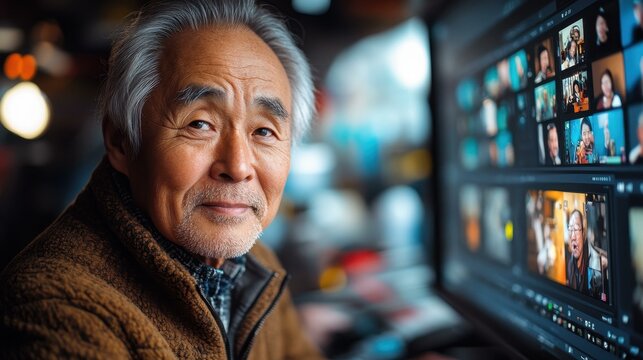 Senior Chat. dlss Smart waste management Short video editor Deepfake maker AI Image Recognition factory Optimize Health Devoted Lifelong 1440 Daily Digest Elderly Asian man brown sweater call compute