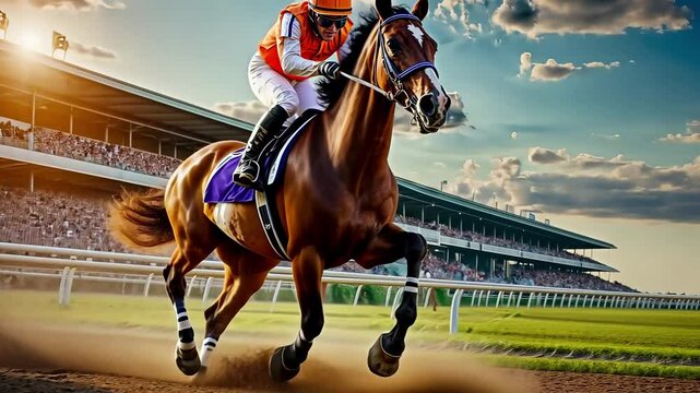 Horse galloping race track in rays setting sun. Championship competition speed and victory hippodrome, performance domestic animals running fast, jockey riding horseback, sport sunset sky.