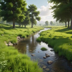 lush green grassy landscape with a few trees and a gentle stream running through, outdoor, landscape, water feature