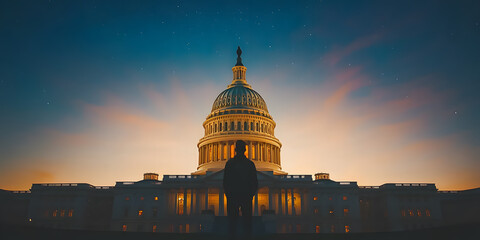 Fototapeta premium U.S. Capitol dome glowing at dusk or night, illuminated against the dark sky, symbolising American democracy, government, and national significance