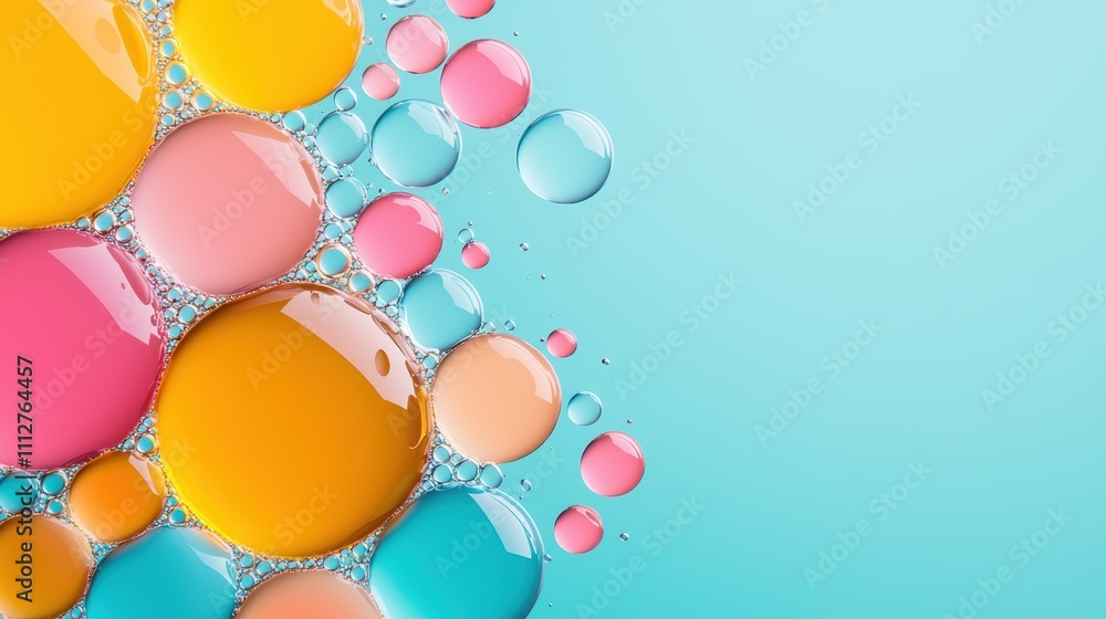 Poster multiple oil bubbles suspended in water, each reflecting a different color and creating an abstract 