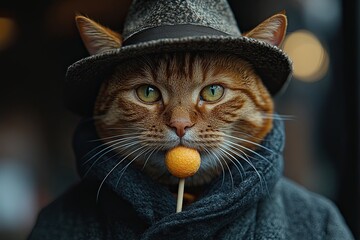 antropomorphic cat wearing hat and licking a lollypop