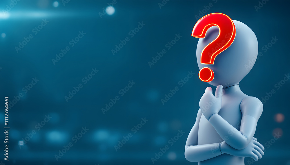 Fototapete 3D Thinking Character with Question Marks, Concept of Curiosity and Problem Solving