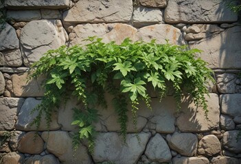 Overgrown Cissus quadrangularis on an old stone wall, nature, cissus