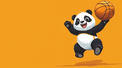 A happy panda jumps in the air with a basketball.