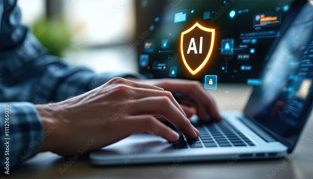 Poster a man hands typing on a laptop keyboard, with a security shield icon in text ai and displayed on the