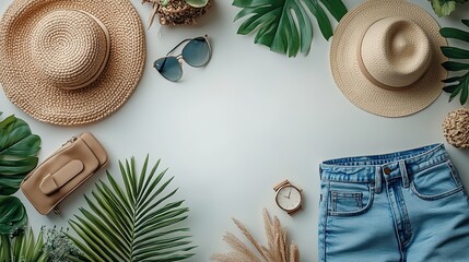 against a white background a feminine summer fashion composition features a blouse slippers purse sunglasses watch and jean shorts flat lay minimalist clothing collage from abov