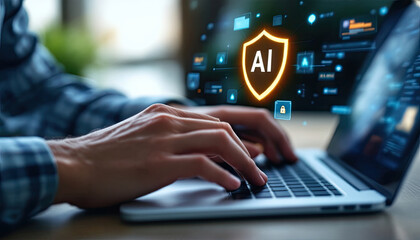 A man hands typing on a laptop keyboard, with a security shield icon in text AI and displayed on the screen