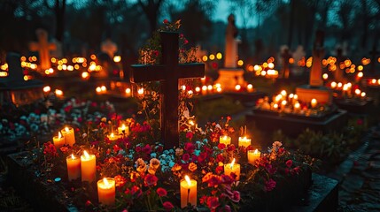 Obraz premium all souls day cross with burning candles in the cemetery digital illustration
