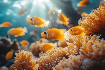 A school of vibrant orange clownfish swim amongst a coral reef
