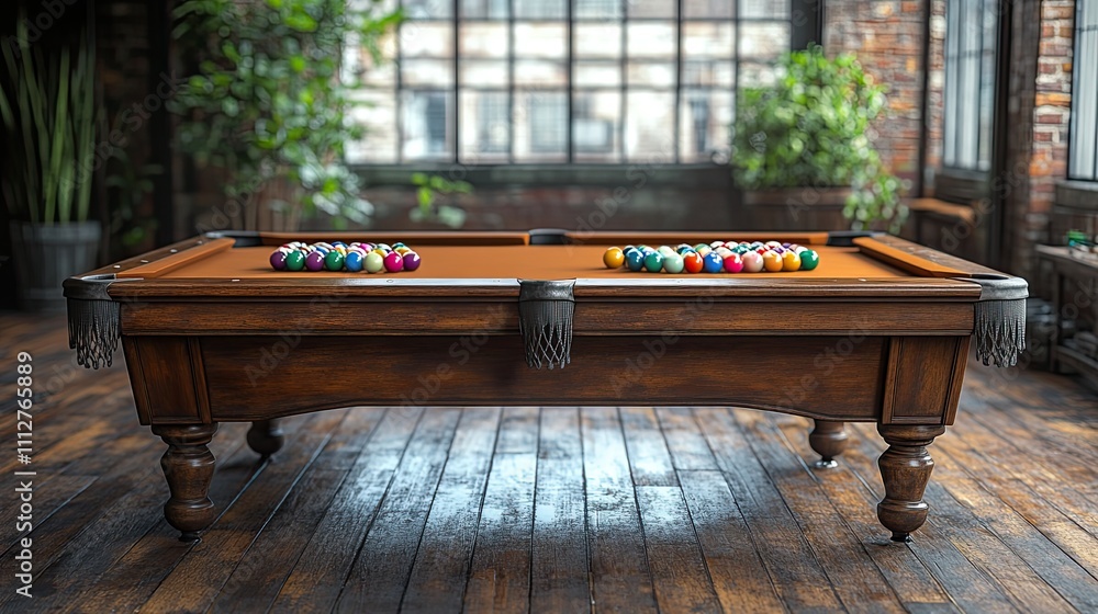 Poster american pool table with shiny balls a pool cue and additional accessorie