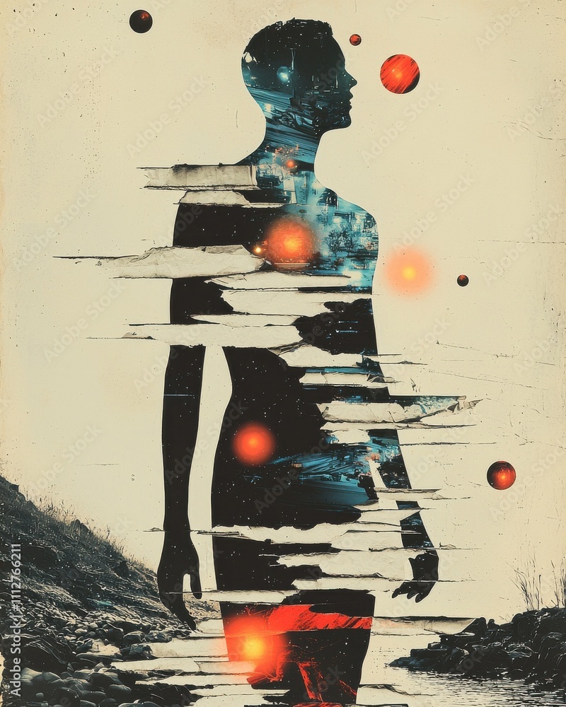 Poster human figure dissolving into layers of abstract art digital space visual artwork surreal environment