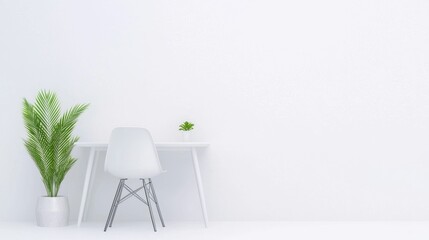 A minimalist desk with a sleek white top and slender metal legs, paired with a comfortable ergonomic chair, creating a functional and stylish workspace.