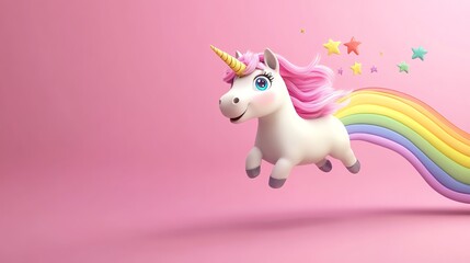Cute 3D unicorn flying through a rainbow.