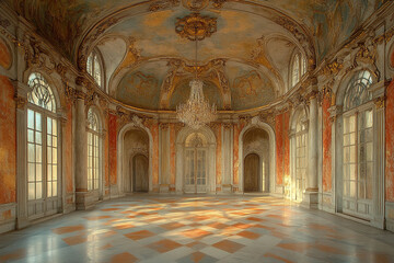 Obraz premium Elegant Palace Ballroom Sunlight Illuminates Checkered Floor
