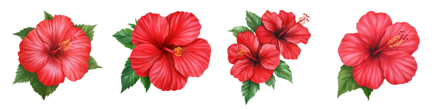 Tropical flower, Watercolor, Clipart. Vibrant red hibiscus flowers on a transparent background.