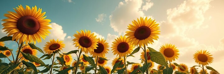 Obraz premium Tall sunflowers stretching towards the sky with white clouds floating above them, sunlight, flowers, sunflowers