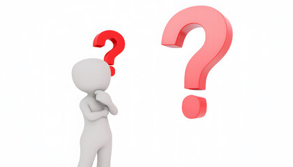 A 3D figure in a thinking pose surrounded by three large red question marks on a glowing, colorful background. Represents curiosity, problem-solving, or decision-making.