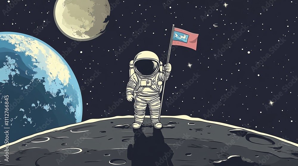 Canvas Prints astronaut standing on the moon with a flag.