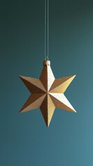 Elegant gold star ornament hanging invisibly holiday decor still life minimalist environment eye-level view captivating design for seasonal aesthetics