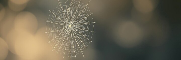 Fototapeta premium The soft focus of a misty morning captures the ethereal beauty of a cobweb covered in dew, spider web, insects, foggy landscape