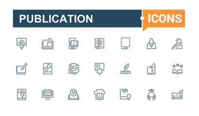 Publication icon collection. Featuring textbook, stroke, publishing, thin, literature, digital, line, bookstore. Modern thin icons. Vector icons editable stroke.