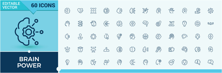 Brainpower line icons set. Featuring mental health, brainpower, mind, knowledge, growth, neurology and more. Simple icon designs. Vector icons editable stroke.