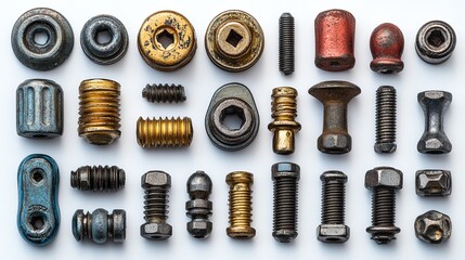 Fototapeta premium an isolated collection of screws nuts rivets and nails on a white background creative layout using vintage tools top view flat la