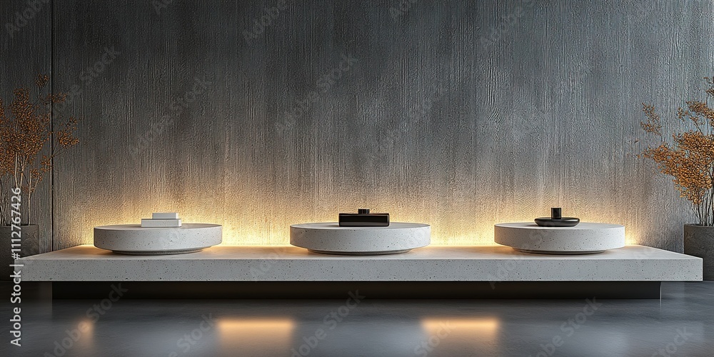 Poster modern minimalist display featuring elegant round sculptures with subtle lighting effects in a conte