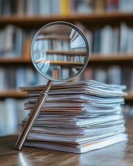 Close-up of a magnifying glass resting on a stack of papers in a library setting