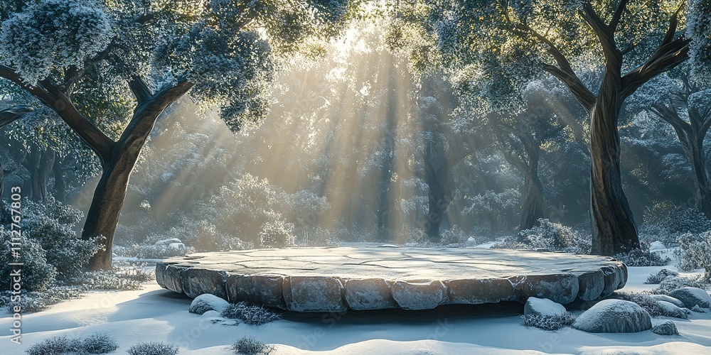 Poster serene winter landscape with sunlight breaking through trees and illuminating a stone platform in a 