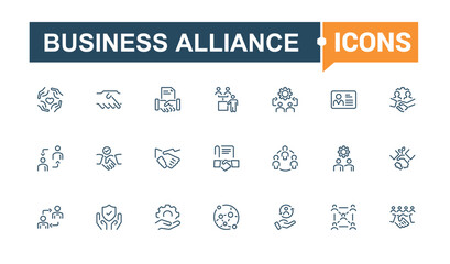 Business Alliance icon pack. Includes icons for business, teamwork, handshake, collaboration, project, company and more. Minimalist thin linear icon. Editable vector illustration.