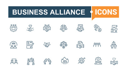 Business Alliance icon pack. Includes icons for business, teamwork, handshake, collaboration, project, company and more. Minimalist thin linear icon. Editable vector illustration.