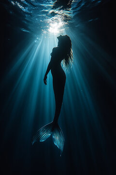Silhouette of a mermaid swimming in deep blue water with sunlight filtering through
