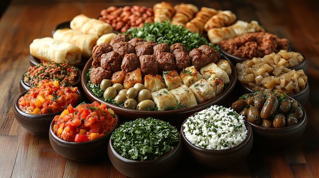 arabic cuisine middle eastern traditional dishes and assorted meze vine leaves kibbeh chicken fatteh spring rolls sambusak kibbeh nayyeh makdous haloumi olives eggplant fatteh and salad