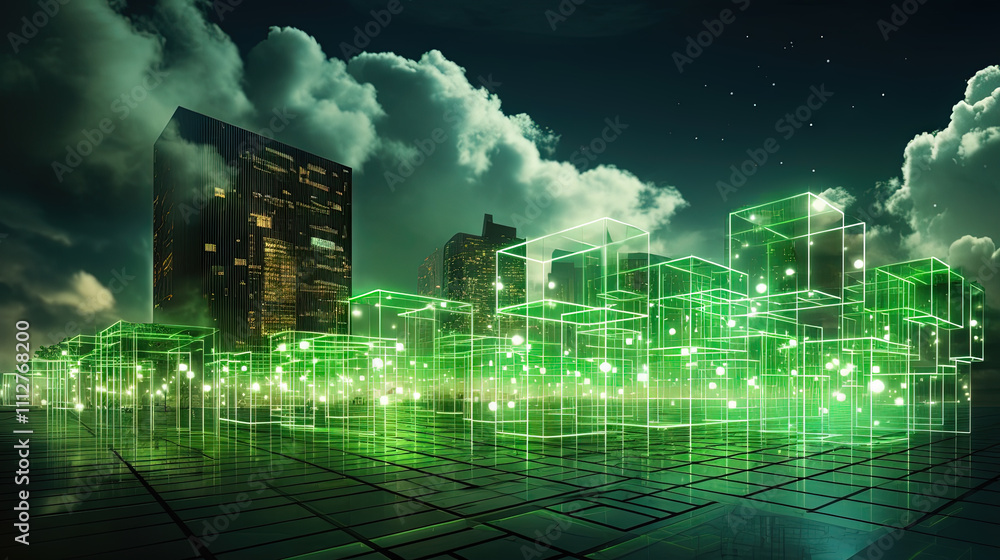Poster concept of a digital city with cloud connections. futuristic network in the clouds.
