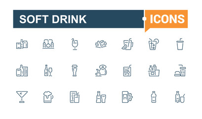 Soft Drink line icons set. Contains such icons as menu, icons, cuisine, banqueting, supplements, takeaways, drinks, color. Thin linear style icons. Editable stroke.