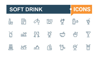 Soft Drink line icons set. Contains such icons as menu, icons, cuisine, banqueting, supplements, takeaways, drinks, color. Thin linear style icons. Editable stroke.