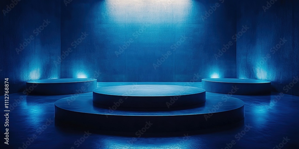 Poster modern stage setup with blue lighting creating an atmospheric ambiance for a performance or event