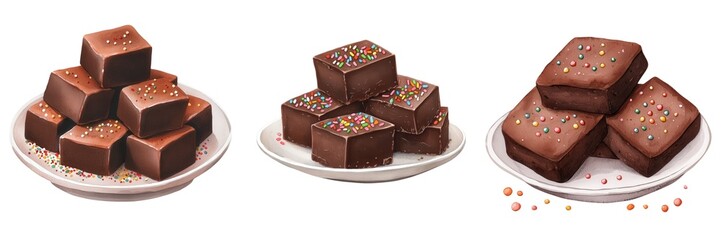 Fototapeta premium Christmas sweet, Watercolor, Clipart. Delicious chocolate brownies arranged on plates.