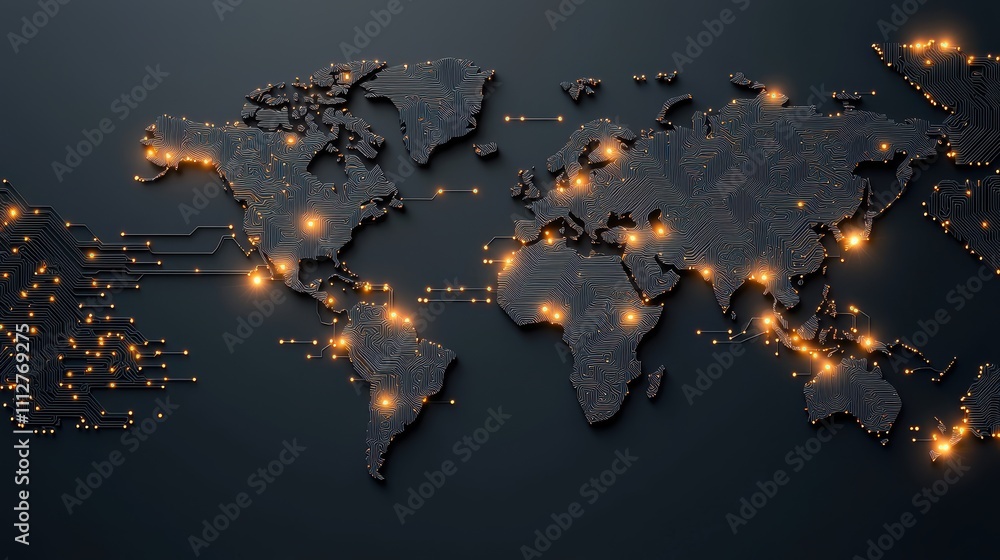 Aufkleber An abstract background of circuit board patterns and glowing lines, with a world map overlaid to represent technology and digitalization.