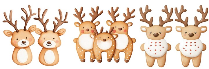 Obraz premium Christmas sweet, Watercolor, Clipart. Cute cartoon reindeer characters with antlers and festive attire.