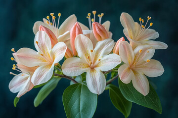 Fototapeta premium Delicate Peach Azalea Blooms Cluster Close Up