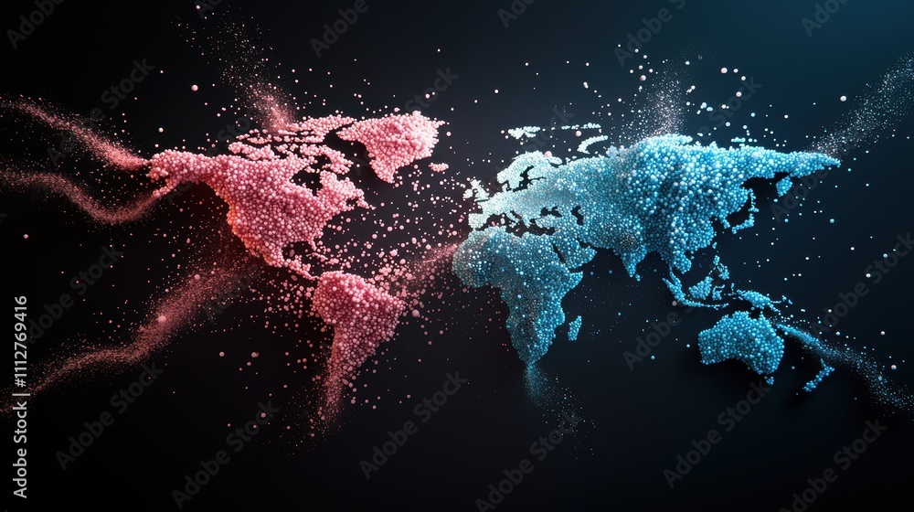 Poster an abstract representation of a future world map, with continents morphing and shifting, connected b