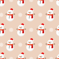 Vector pattern with snowmen in red Christmas hats