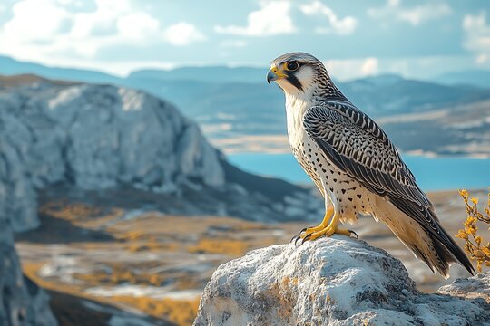 A majestic falcon perched on a rock overlooking a mountain landscape