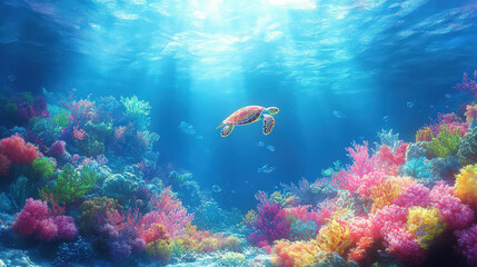 Fototapeta premium A sea turtle swims in the ocean, against a backdrop of colorful corals.