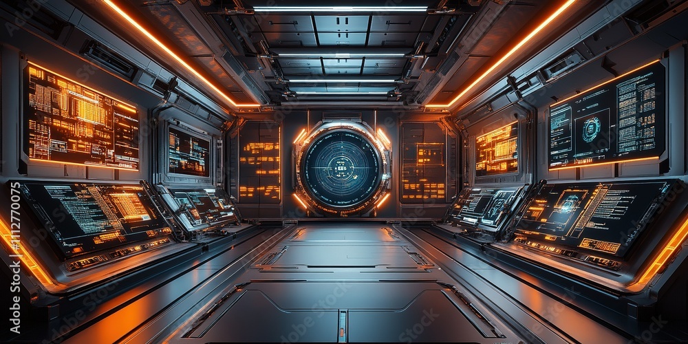 Poster high-tech control room with glowing screens and advanced technology in a futuristic setting