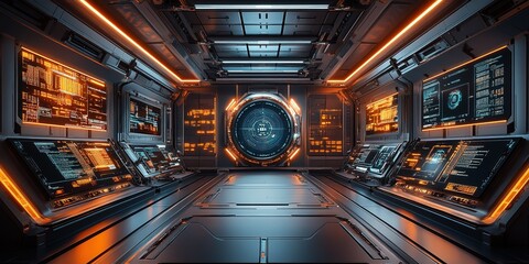 High-tech control room with glowing screens and advanced technology in a futuristic setting